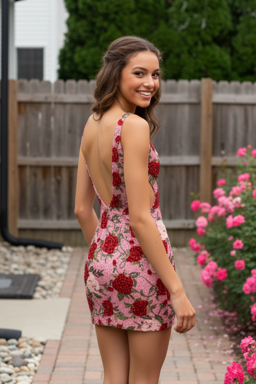 Floral Beaded Backless Mini Dress