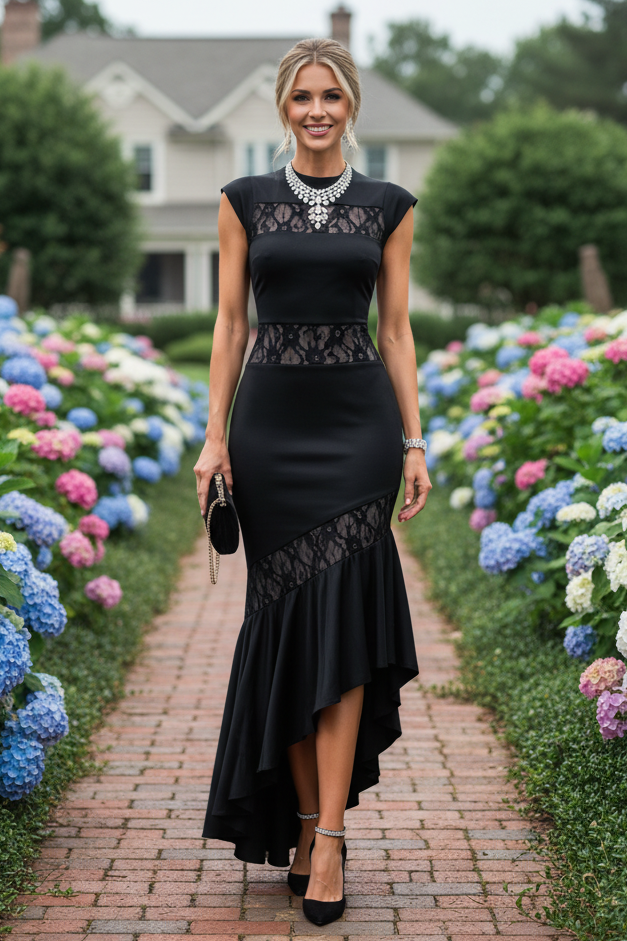 Lace-Panel High-Low Mermaid Dress with Cap Sleeves