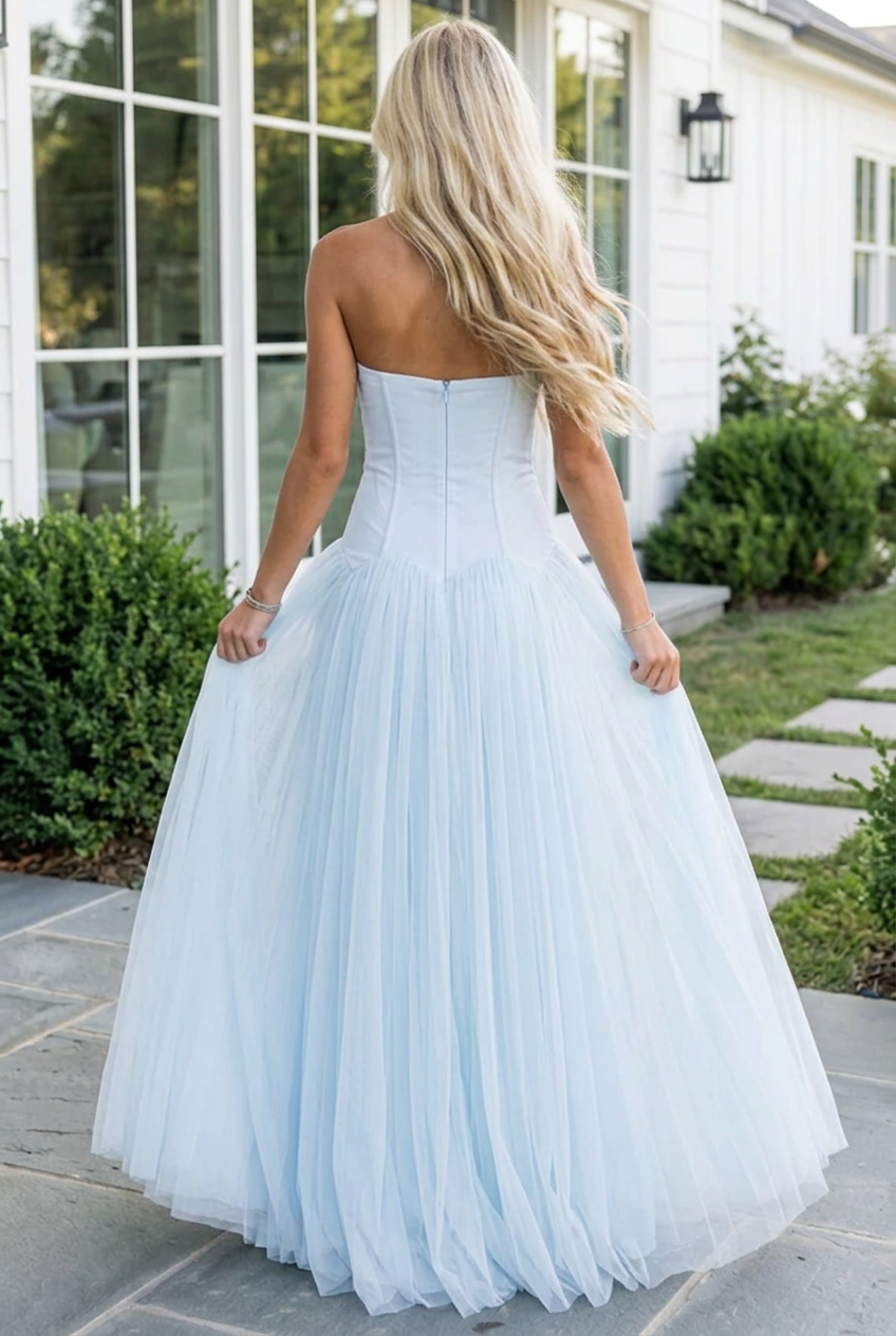 Strapless Corset Dropped-Waist Tulle Maxi Dress