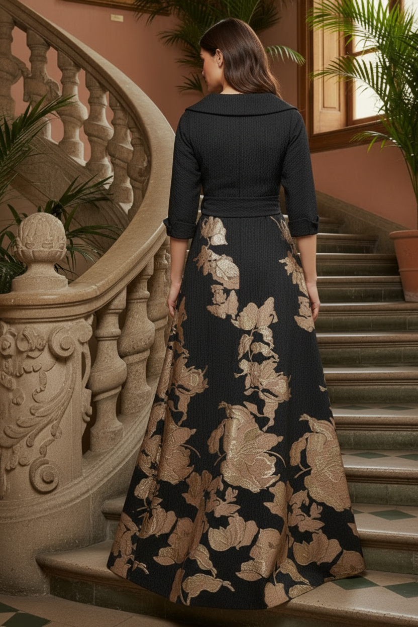Floral Jacquard Wrap Gown with 3/4 Sleeves
