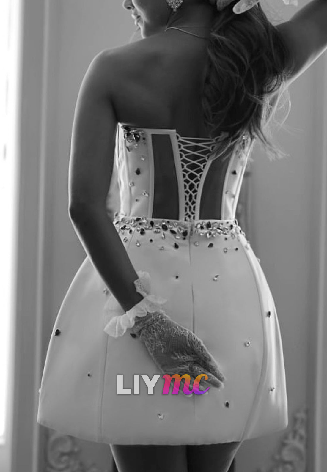Strapless Corset Bubble Mini Dress with Crystals