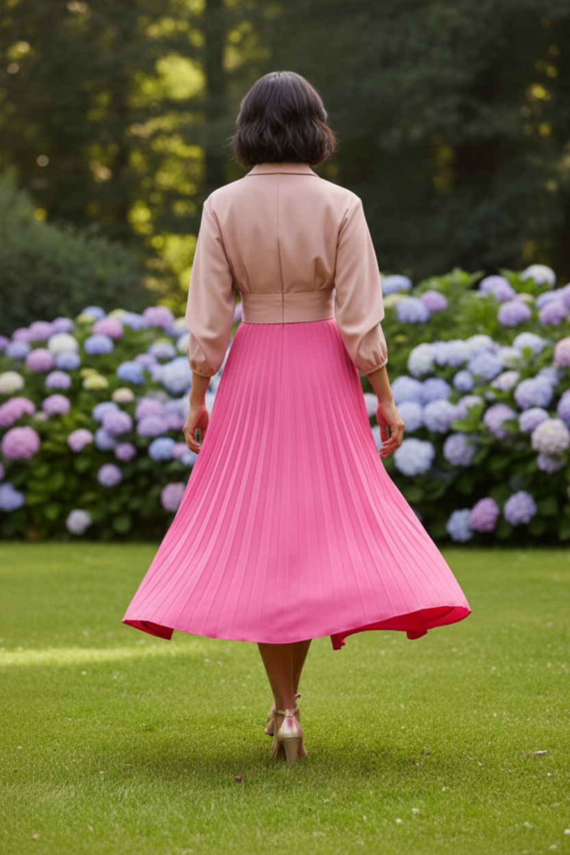 Lapel Wrap Pleated Midi Dress with Pockets