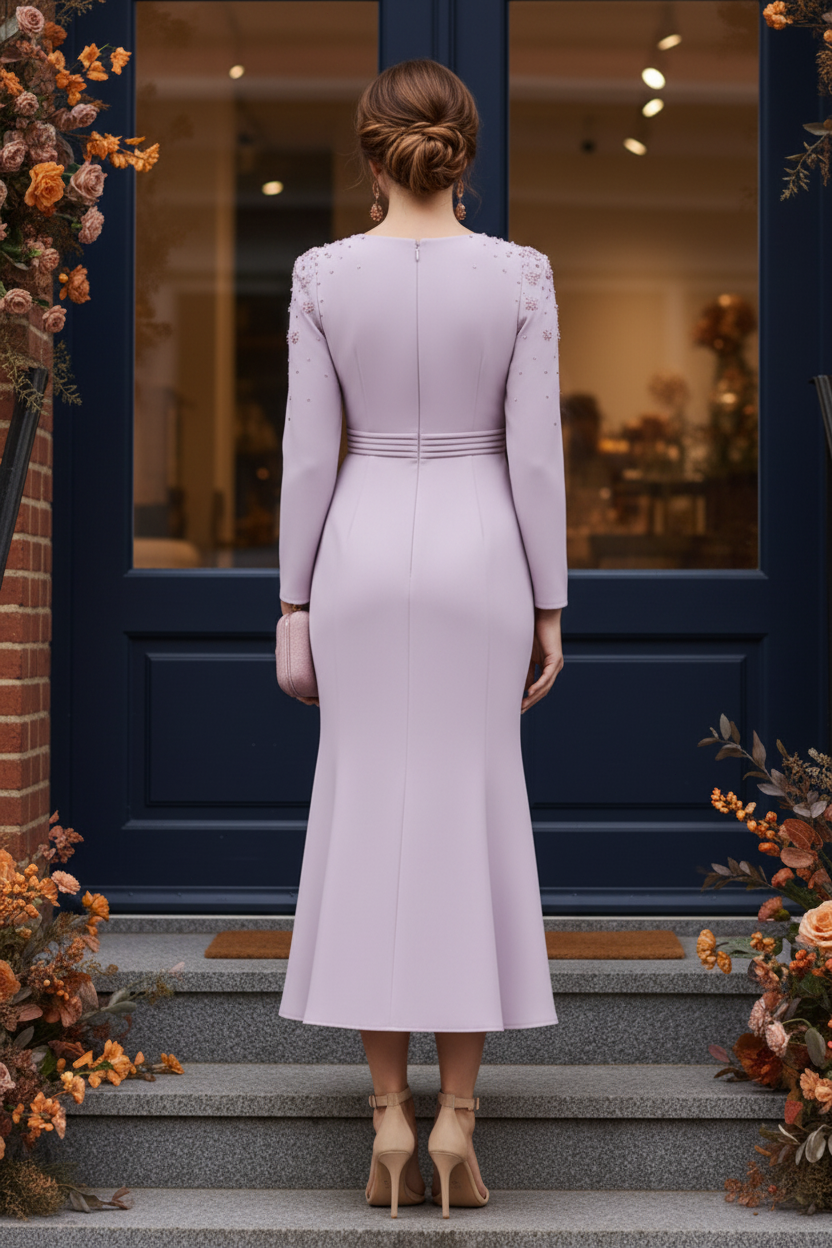 Long Sleeve Midi Trumpet Dress with Beaded Shoulders