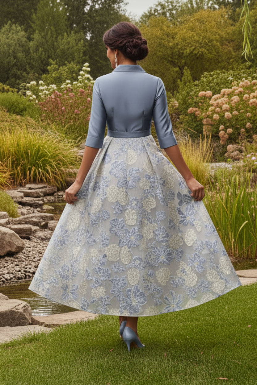 Elegant Collared Evening Dress with Embroidered Skirt