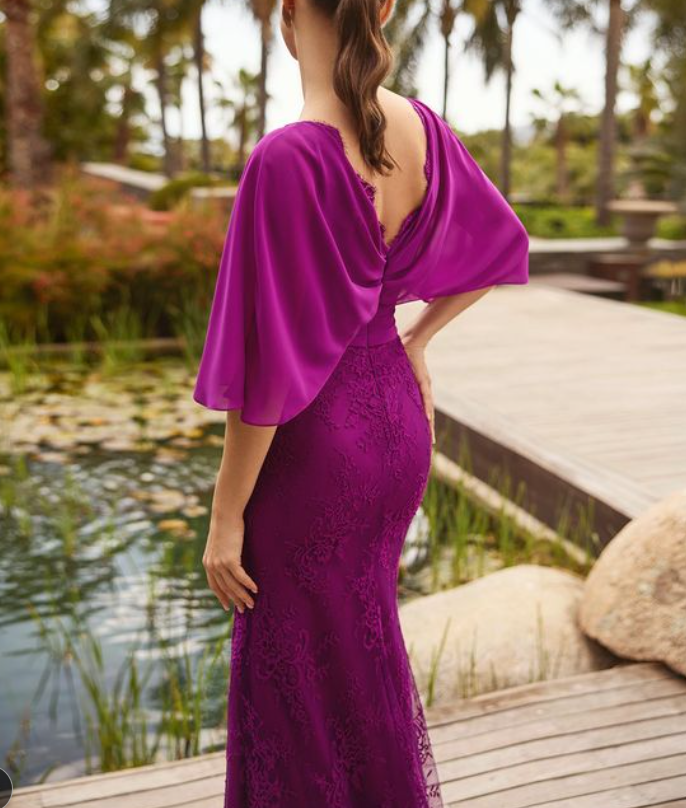 Cape Sleeve Lace Evening Gown