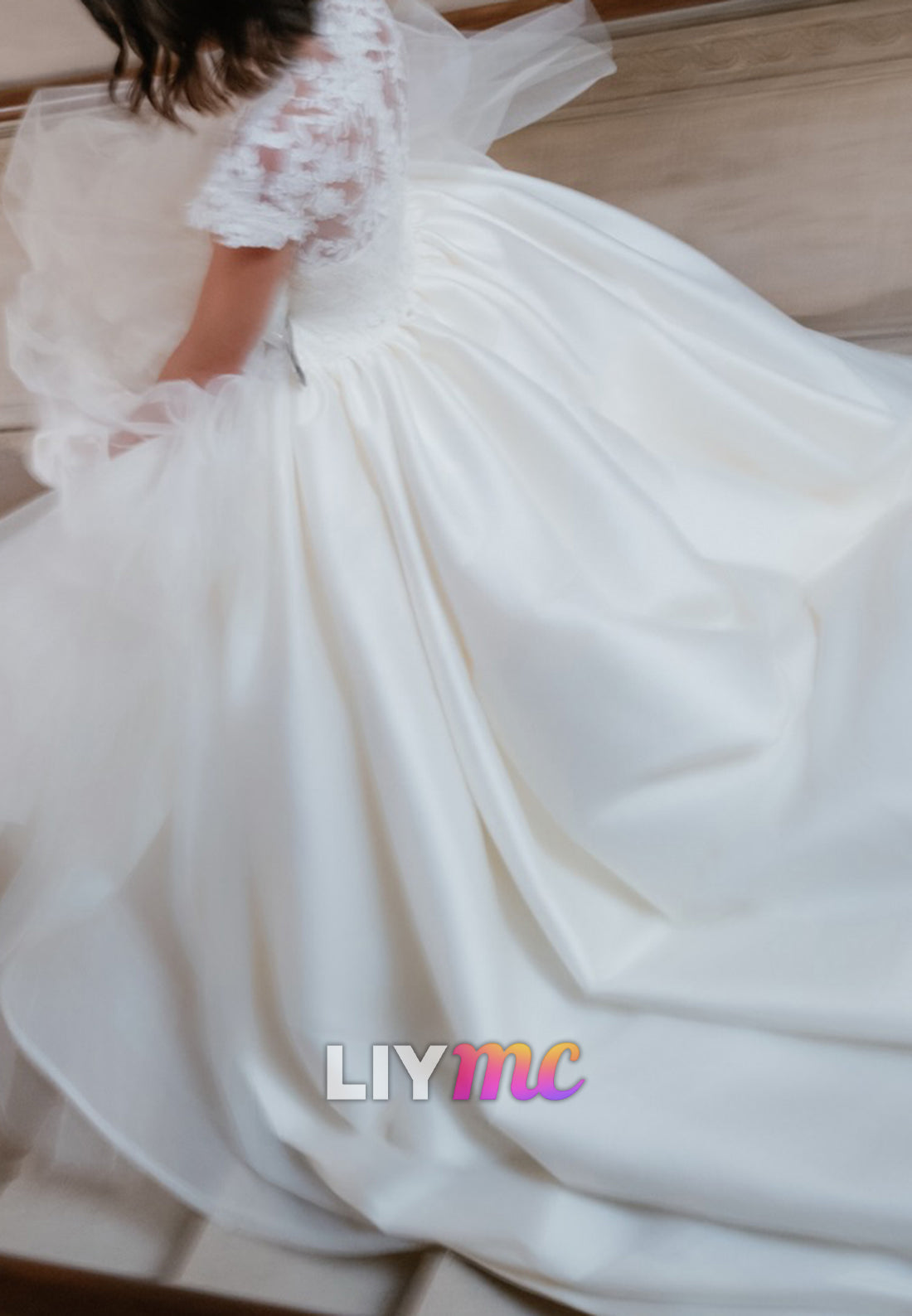 High Neck Lace Illusion Satin Ball Gown Wedding Dress