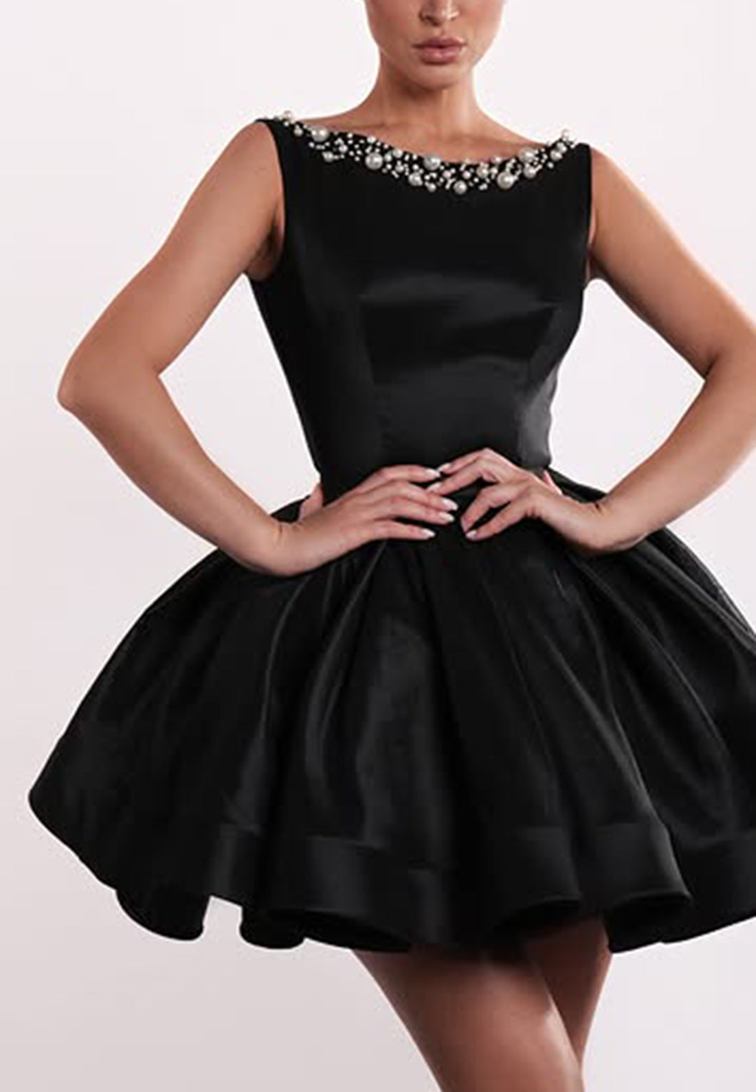 Pearl-Embellished Bateau Neck A-Line Mini Dress
