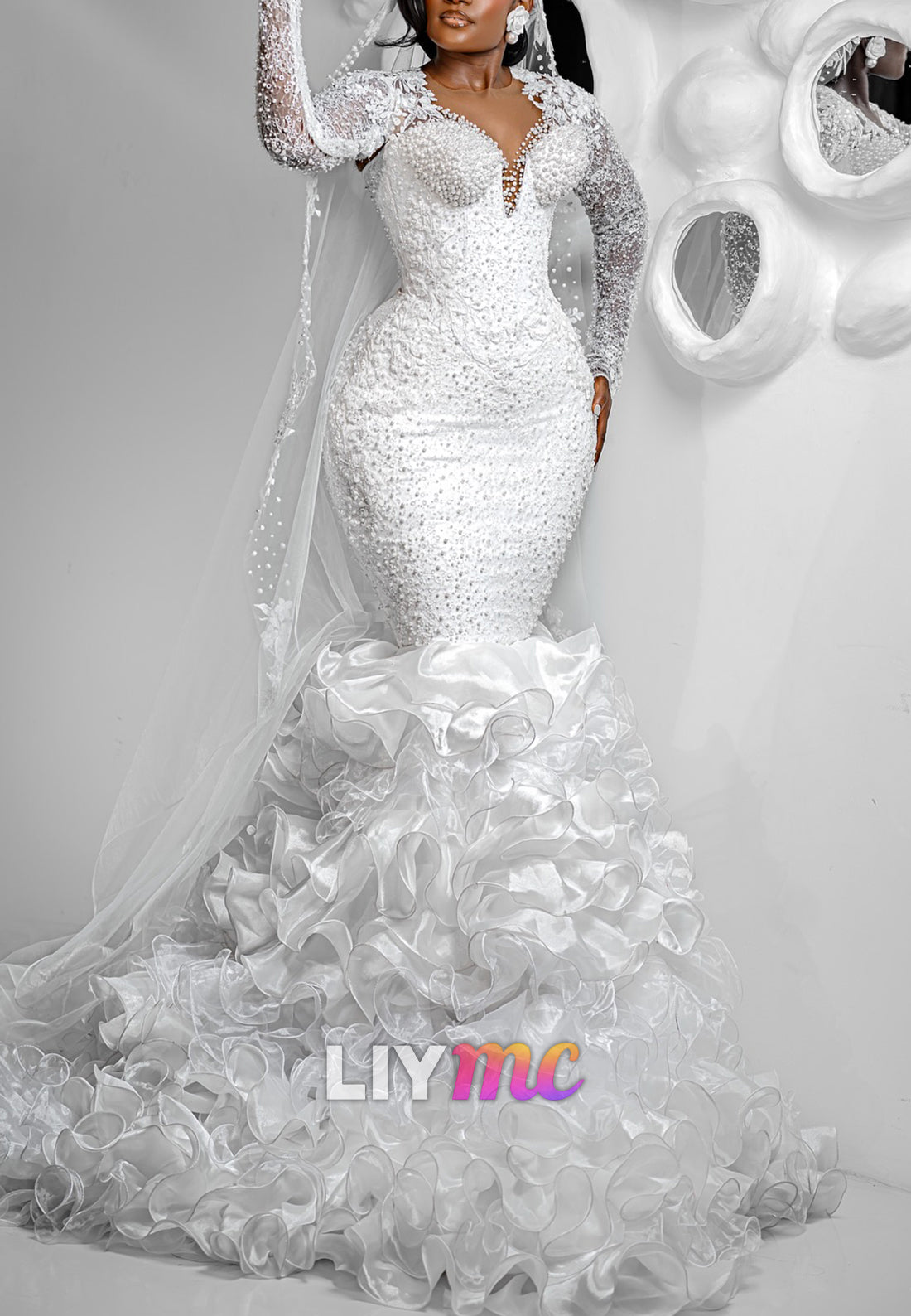 Beaded Mermaid Wedding Dress with Ruffled Train