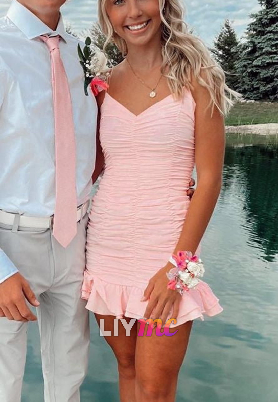 Ruched Bodycon Homecoming Dress with Ruffles