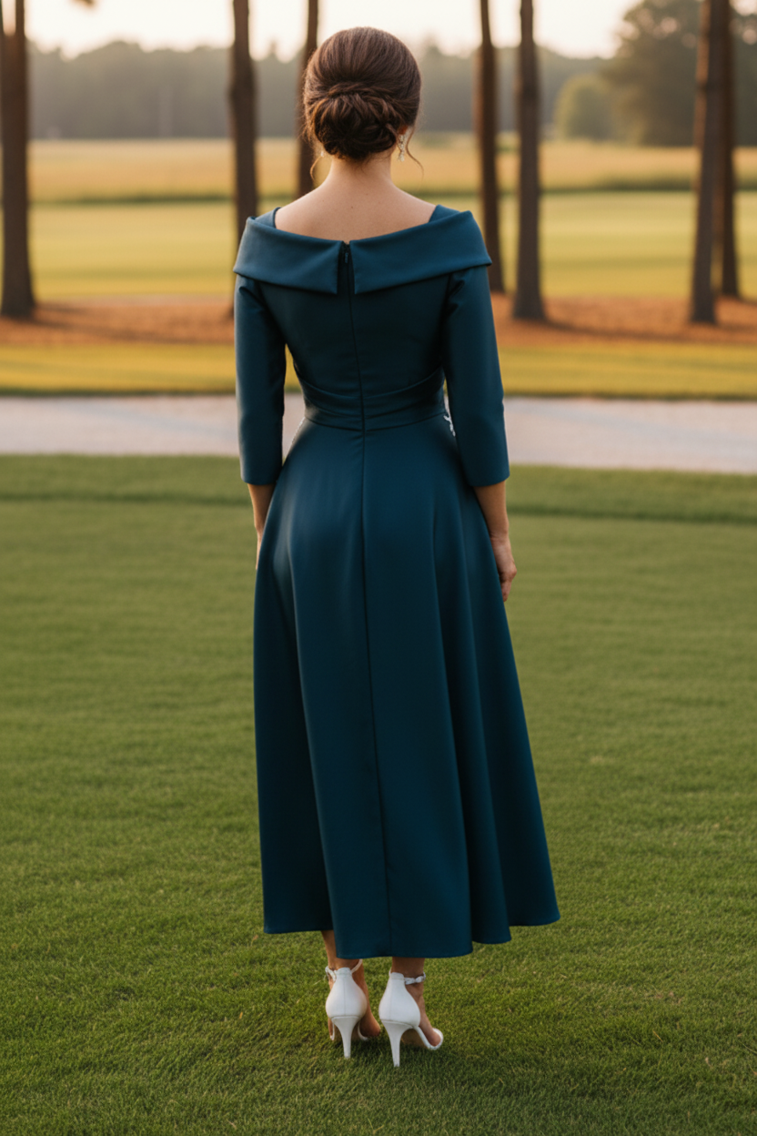 Off-The-Shoulder Satin Dress with Embroidered Waist