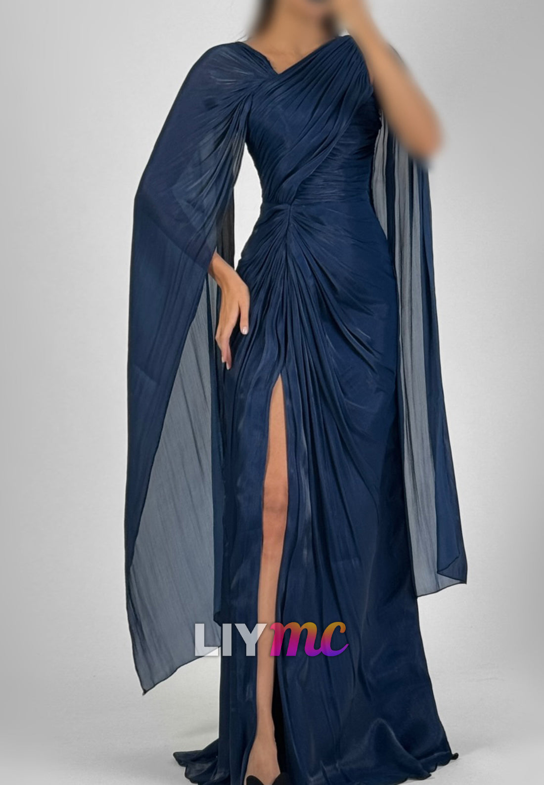One-Shoulder Pleated Metallic Evening Gown with Cape