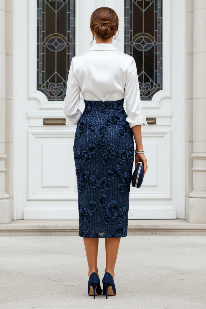Collared Satin and 3D Floral Sequin Midi Dress