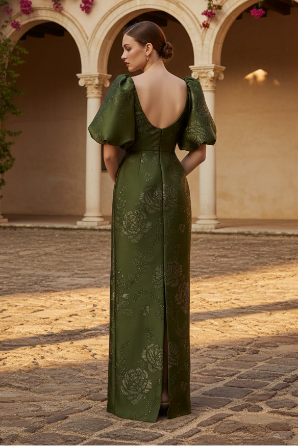 Floral Jacquard Column Gown with Puff Sleeves