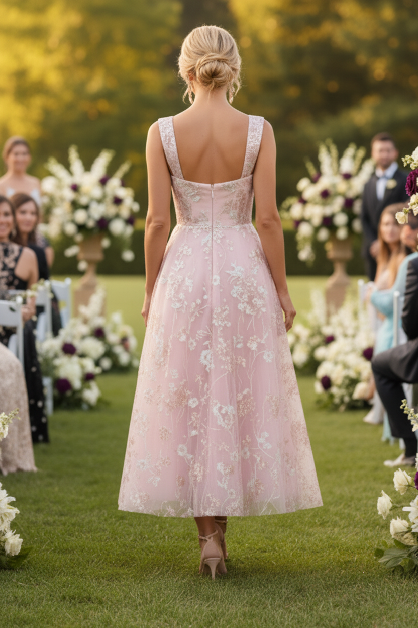 Floral Embroidered Corset A-Line Midi Dress