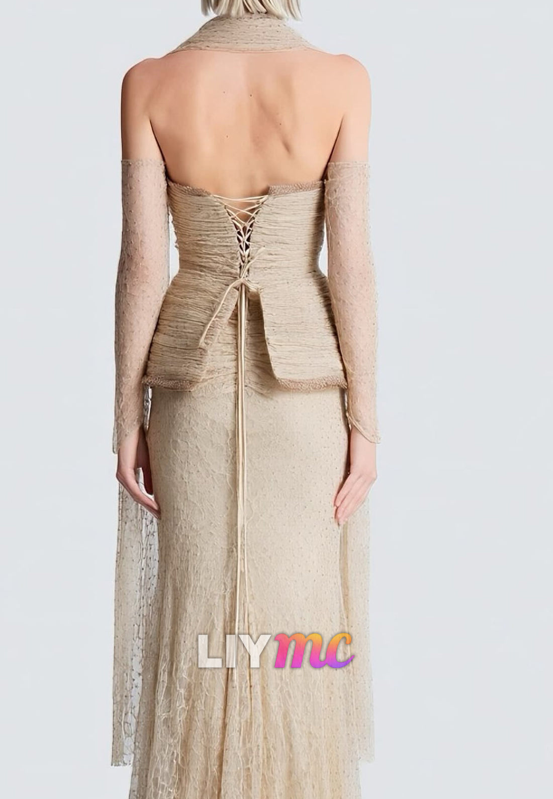 Ruched Corset Halter Gown with High Slit & Gloves