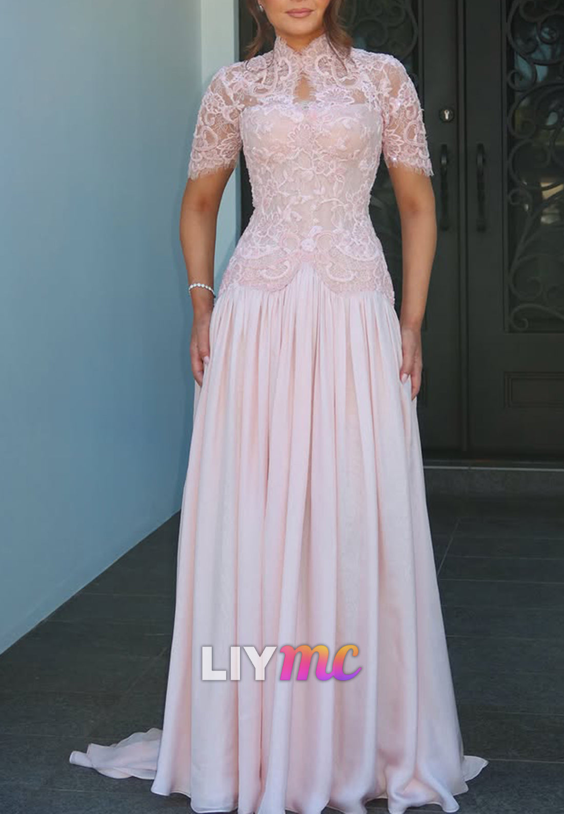 High Neck Lace Bodice Pleated Evening Gown