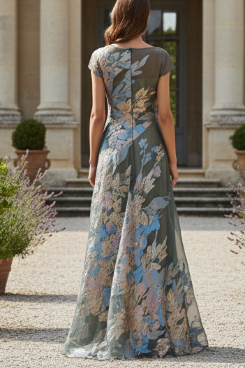 Metallic Floral Organza A-Line Gown