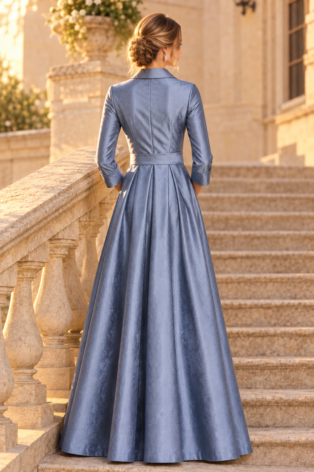 Embroidered Collared Shirt Gown with Belt