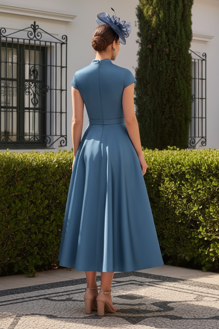 Elegant Satin A-Line Midi Dress with 3D Flower