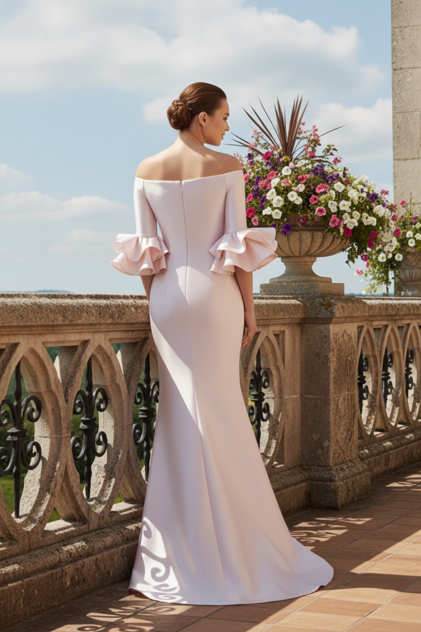 Off-the-Shoulder Ruffled Sleeve Satin Mermaid Gown