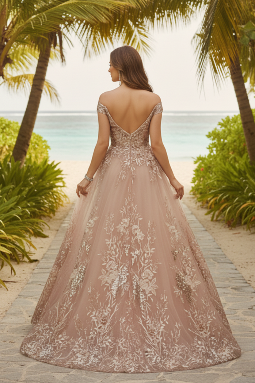 Floral Applique Illusion A-Line Evening Gown