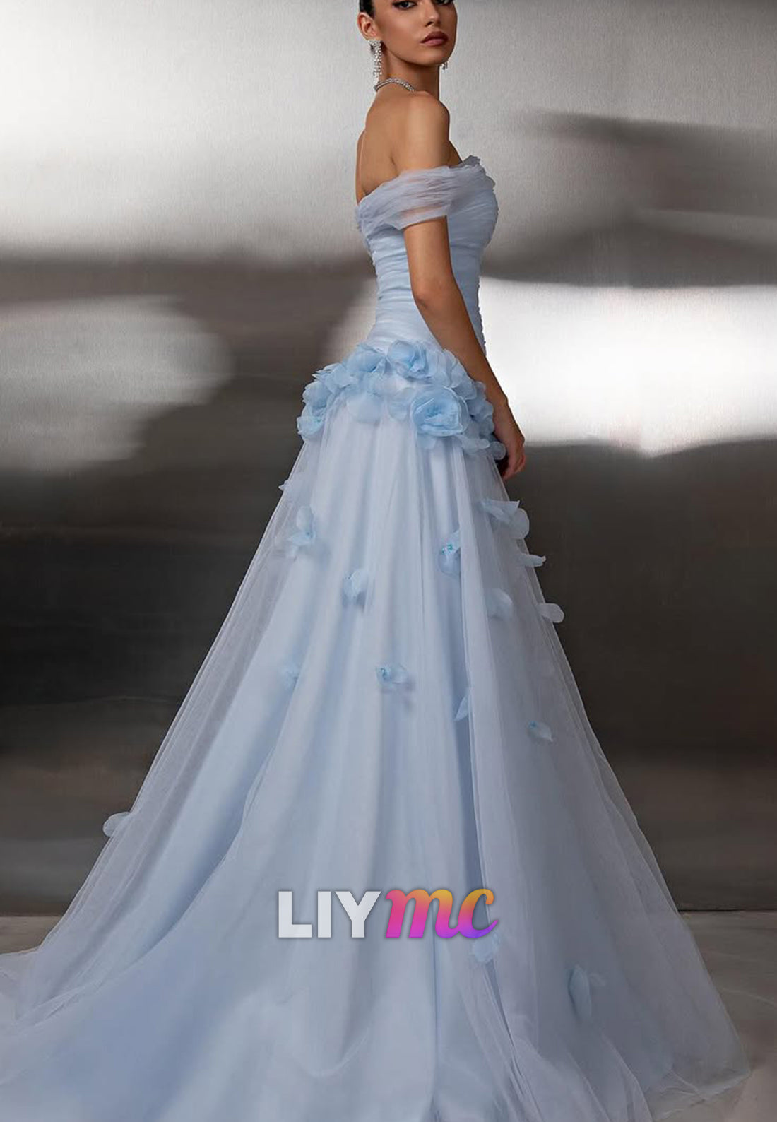 Ruched Off-the-Shoulder Tulle Gown with 3D Florals