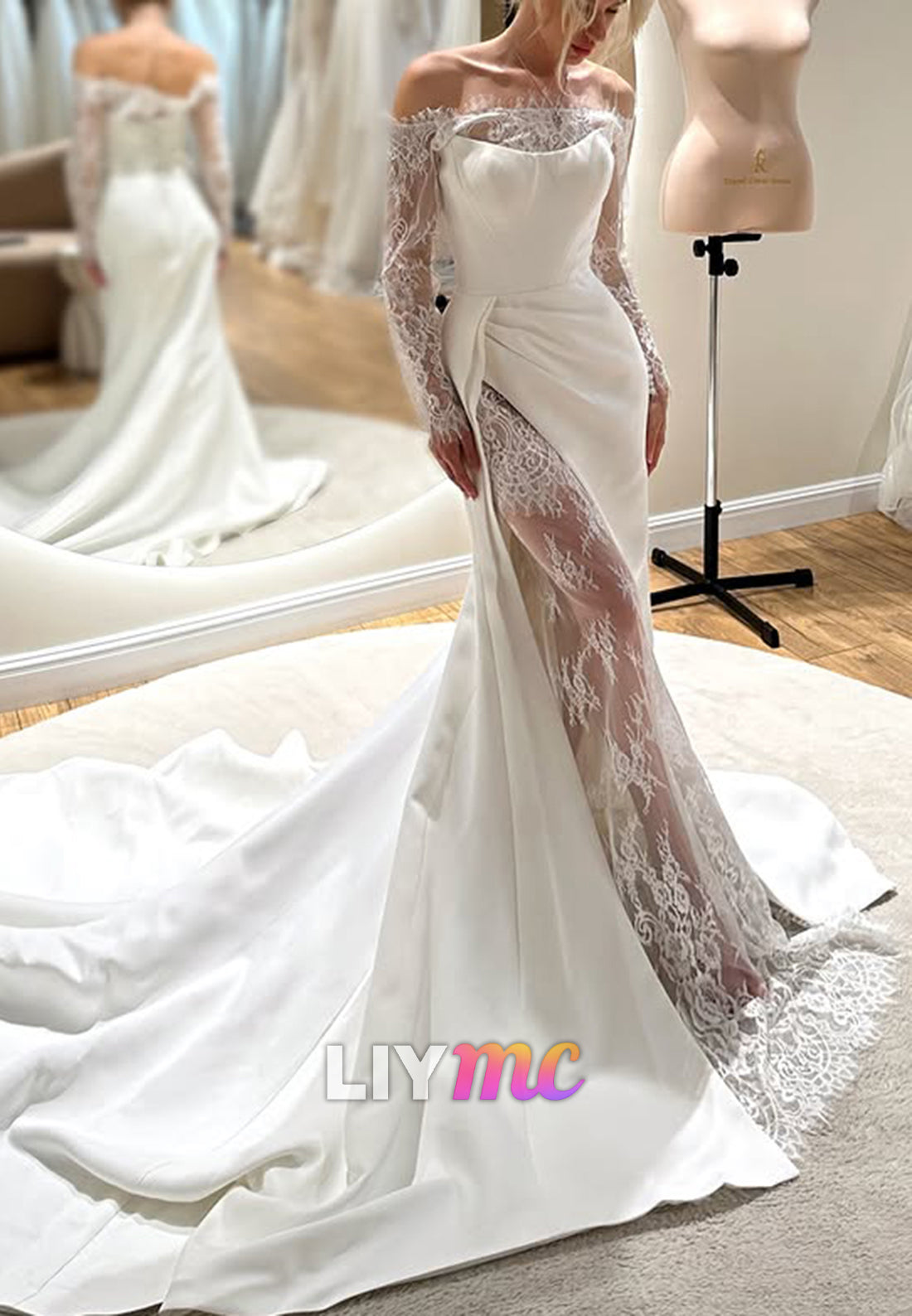 Off-the-Shoulder Lace Sleeve Wedding Dress with Slit