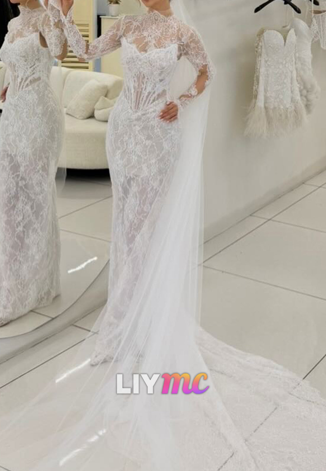 Mock Neck Long Sleeve Lace Mermaid Wedding Dress