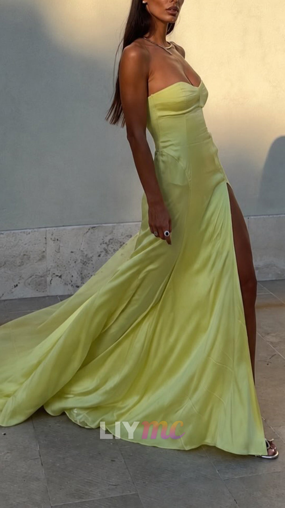 Strapless Satin Gown with High Slit