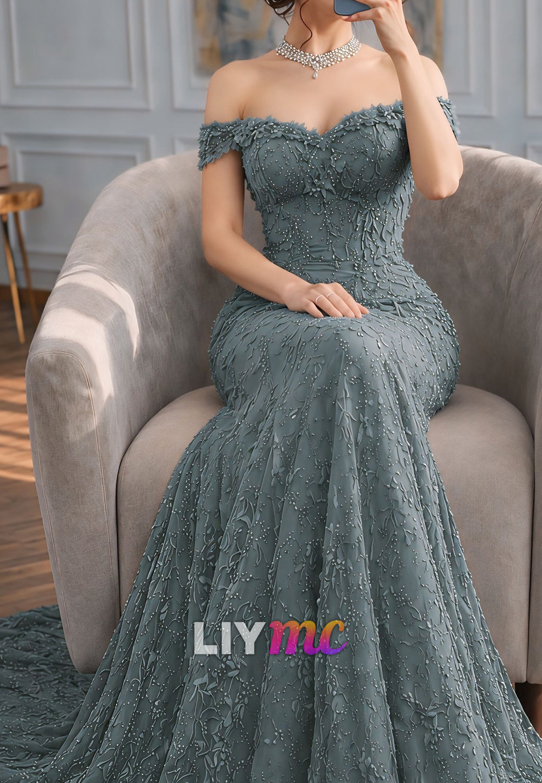 Off-the-Shoulder Mermaid Evening Gown with Beaded Lace