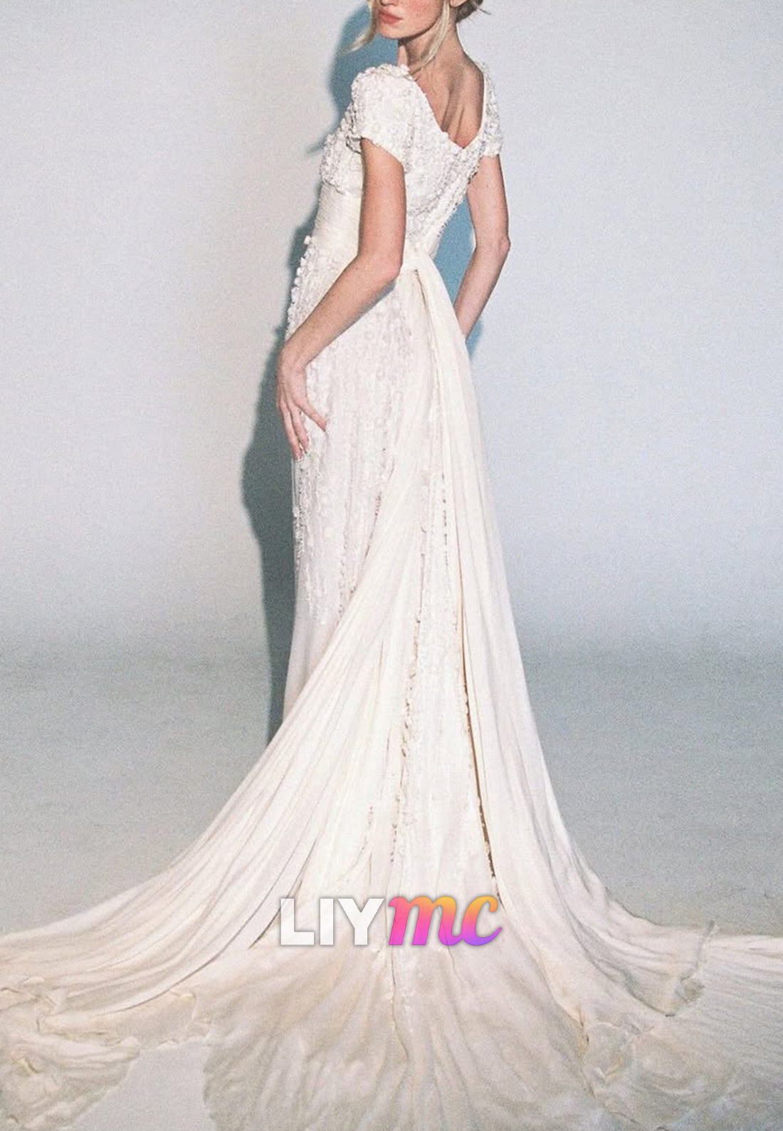 Floral Applique Cap Sleeve Sheath Wedding Dress