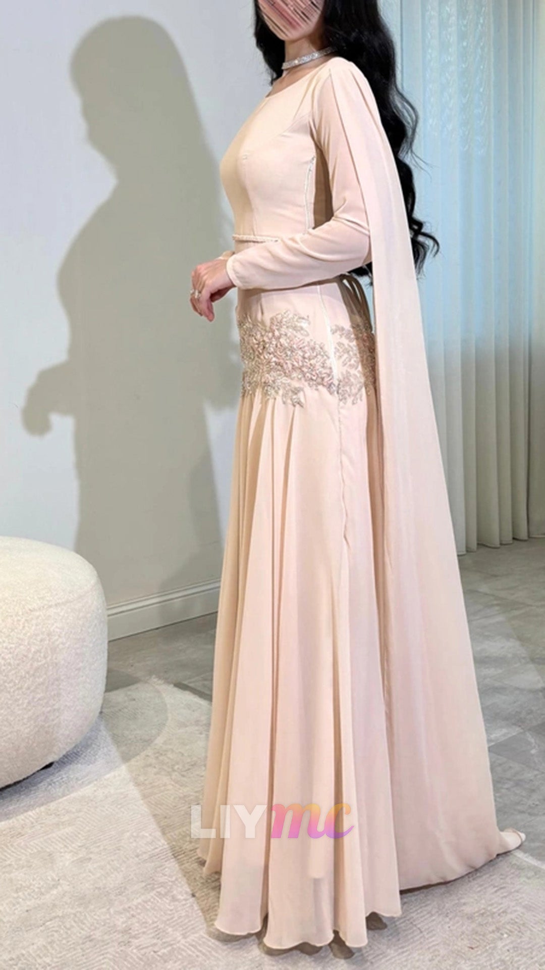 Embroidered Cape-Sleeve Gown with Lace-Up Back