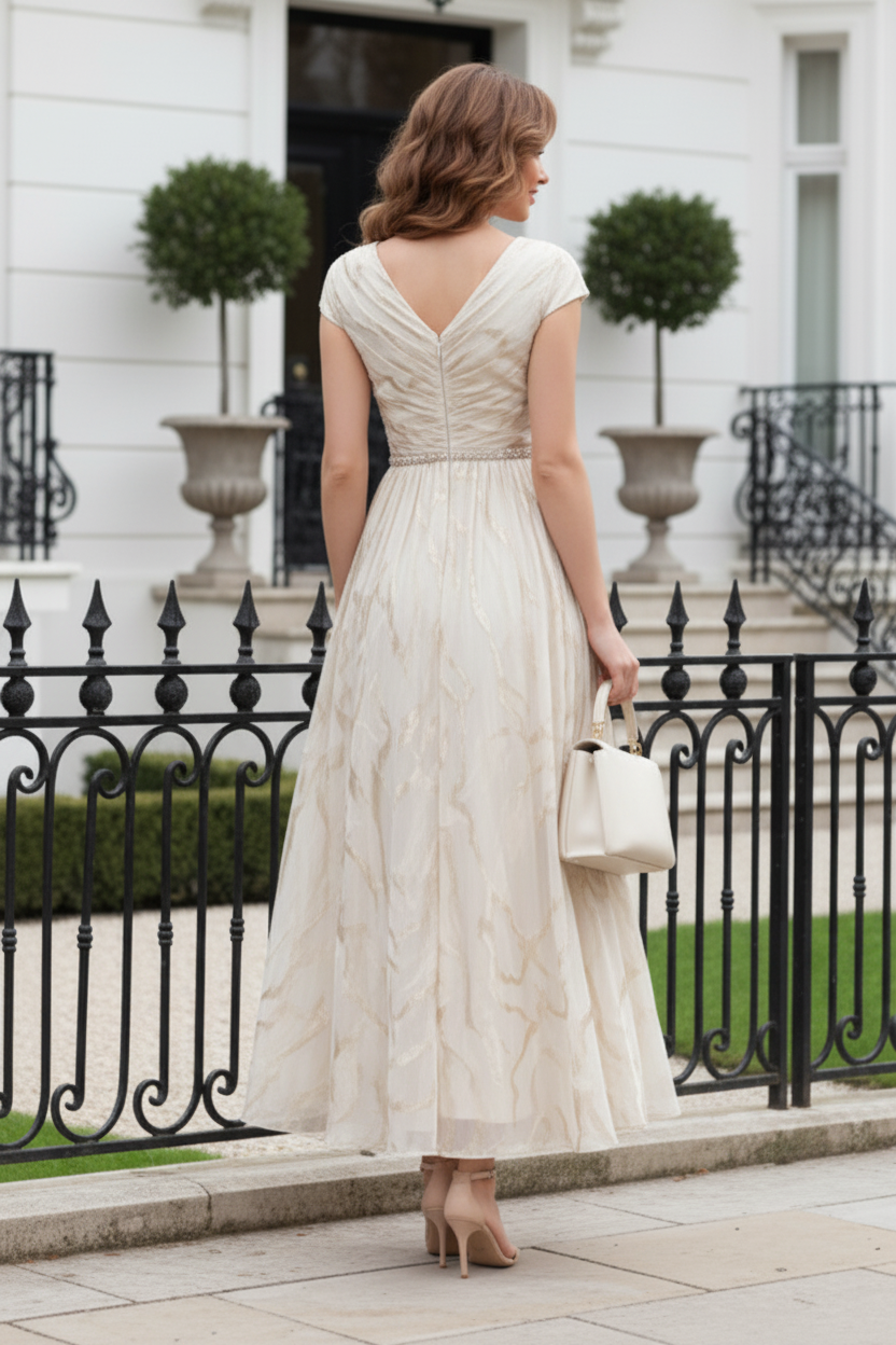 A-Line Metallic Evening Dress with Beaded Trim
