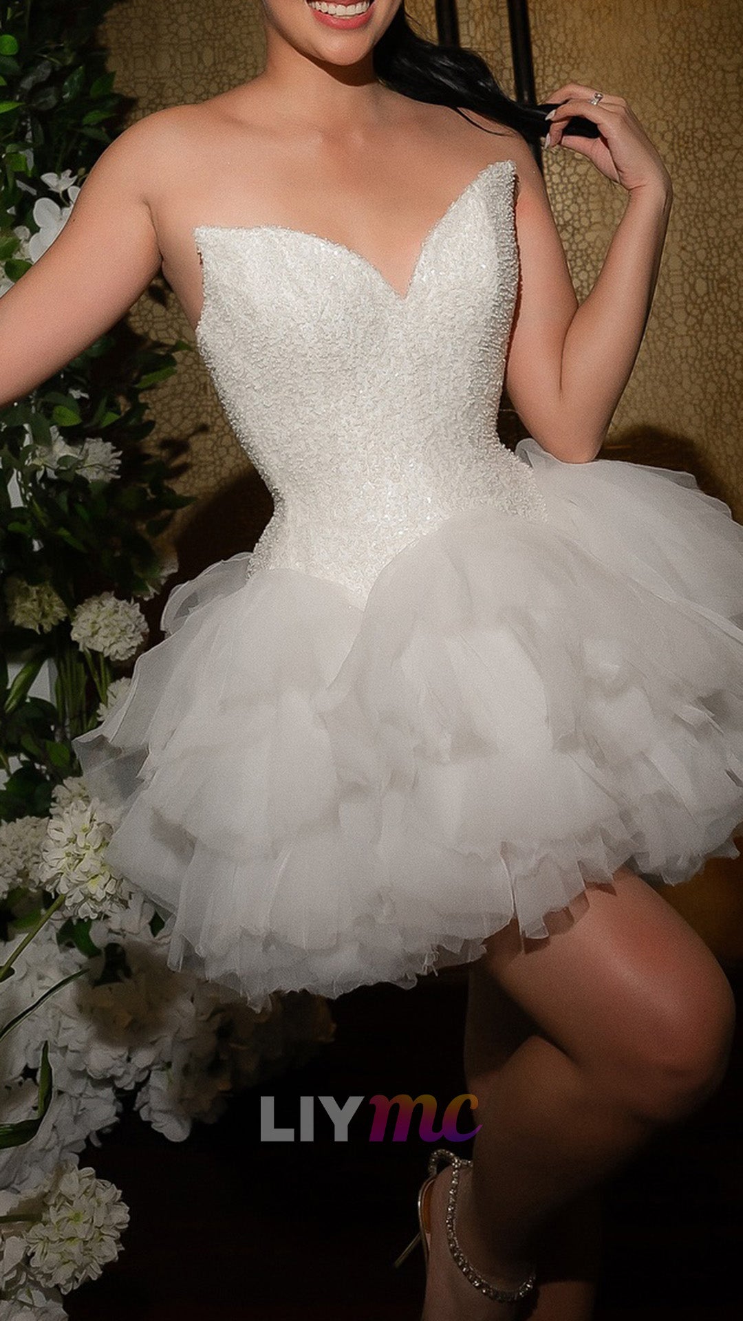 Strapless Beaded Bodice Tulle Tiered Mini Dress