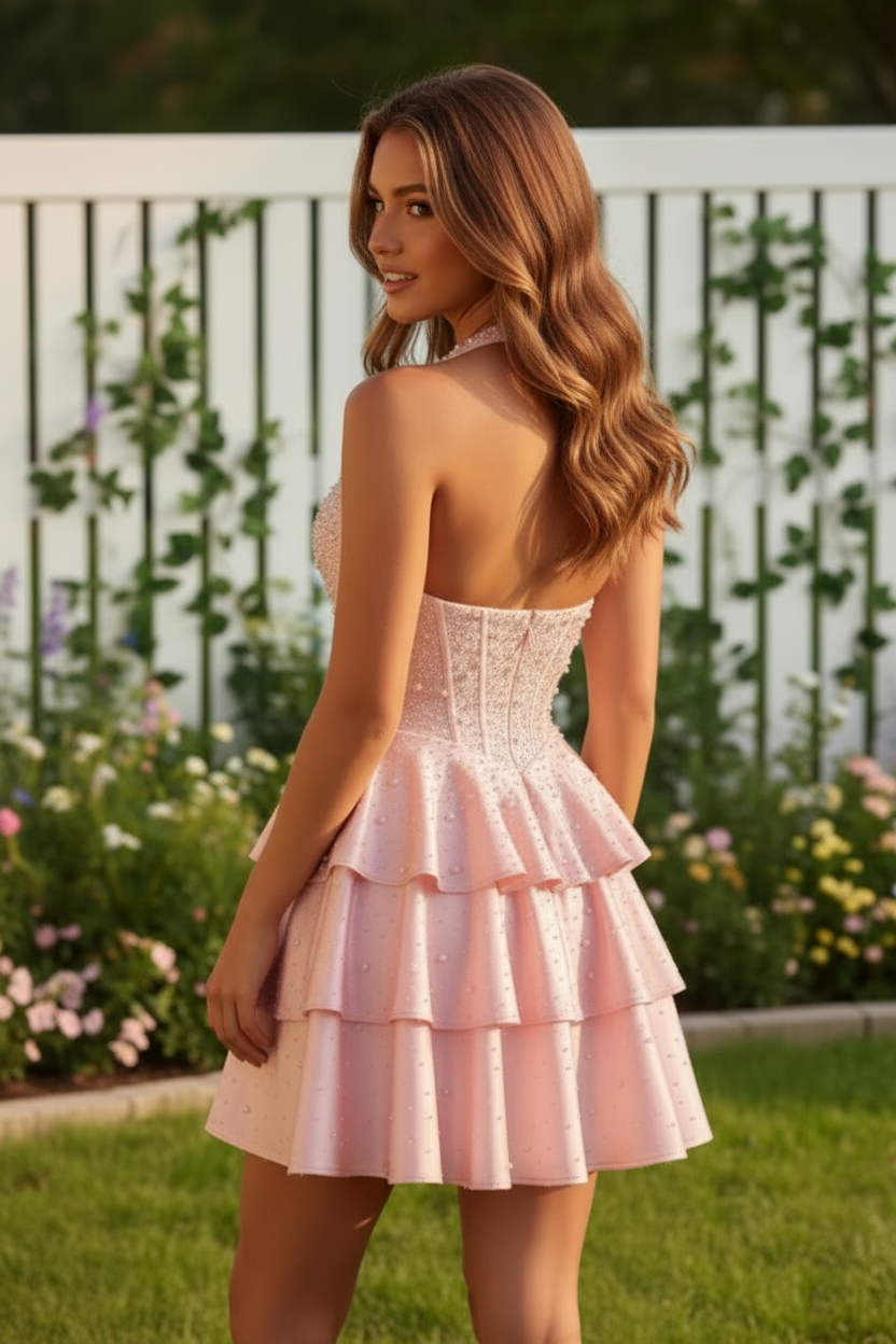 Pearl Embellished Halter Corset Tiered Ruffle Mini Dress