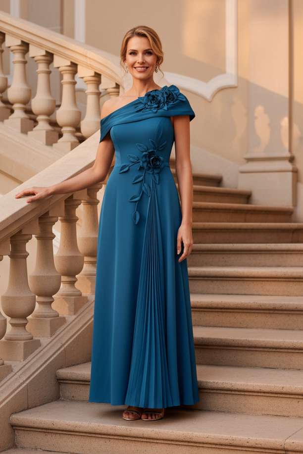 One-Shoulder Floral Applique Pleated A-Line Dress