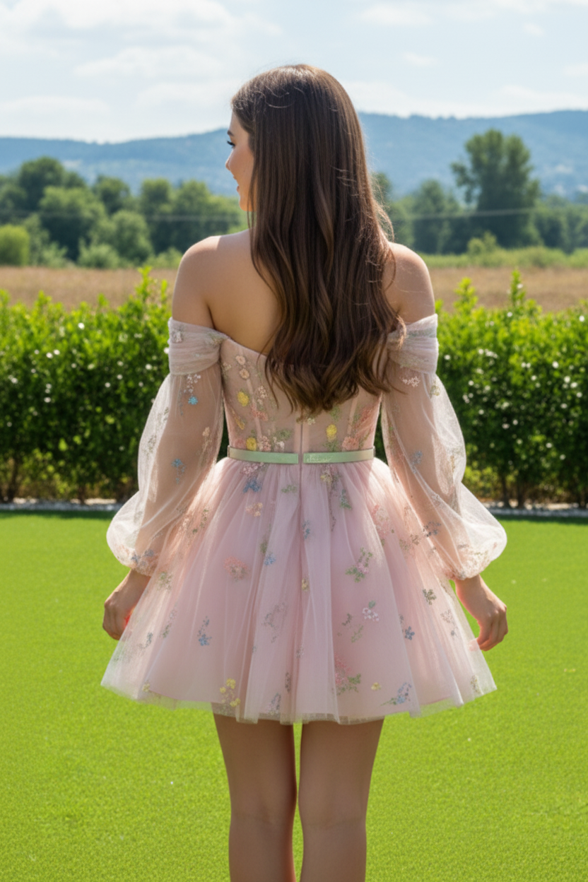 Floral Embroidered Off-The-Shoulder Tulle Mini Dress
