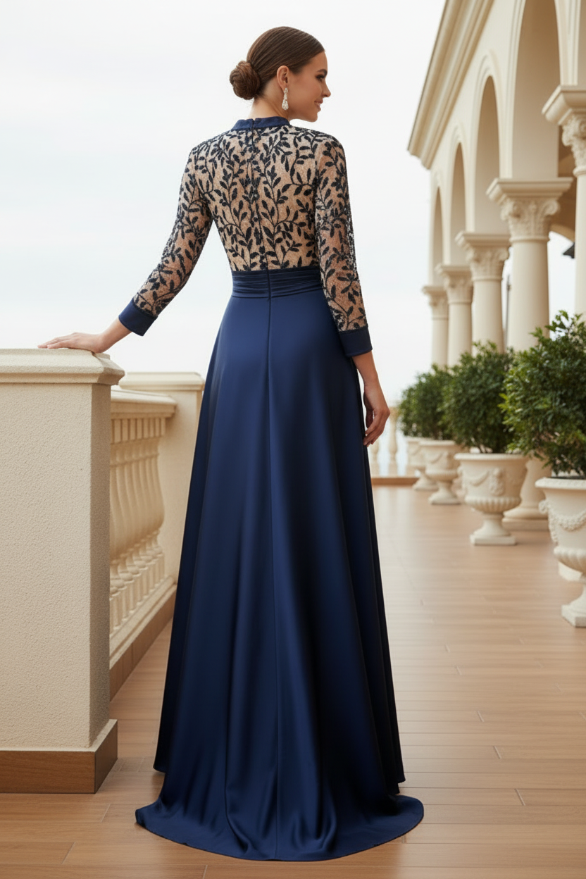 Embroidered Bodice Satin A-Line Gown