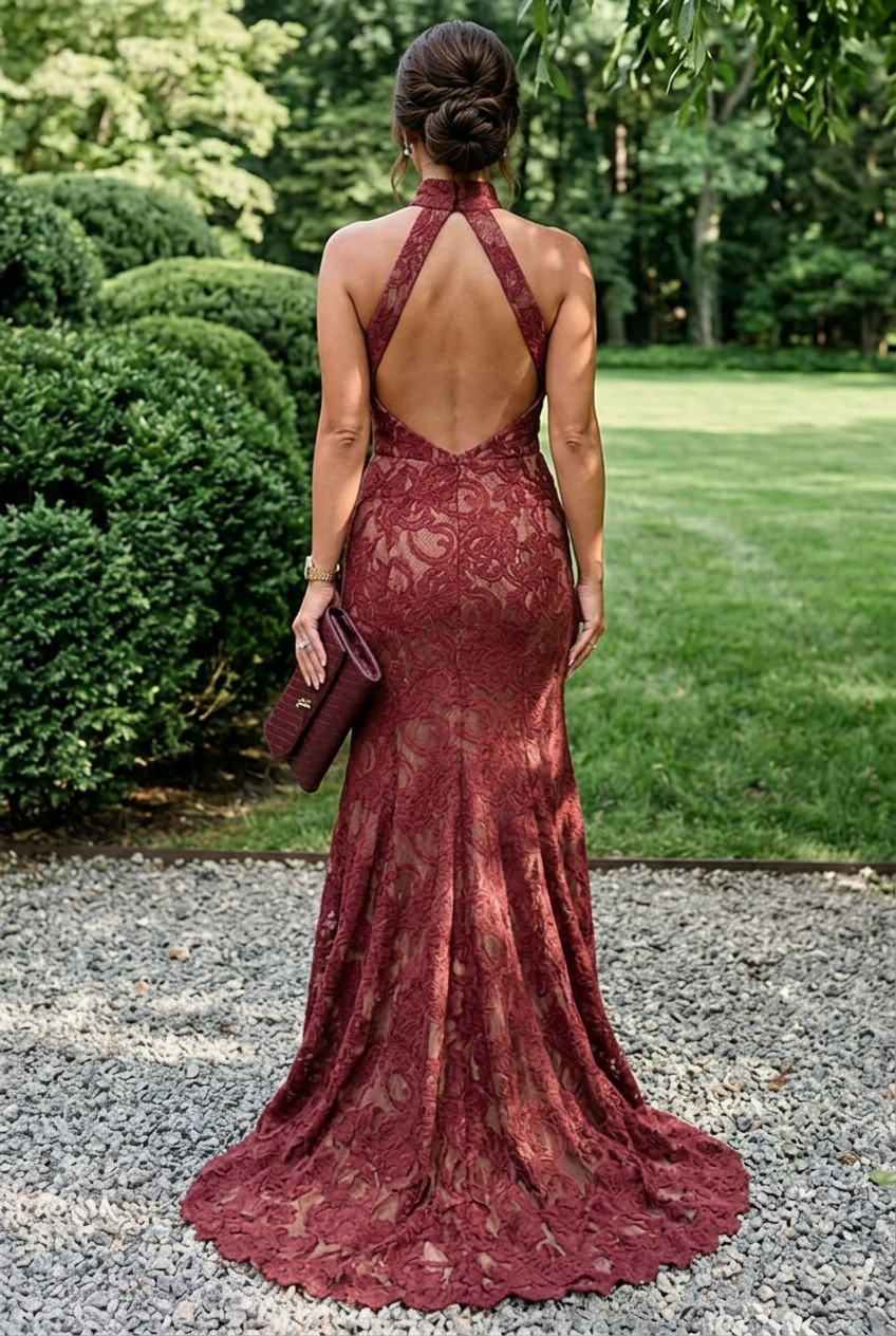 Halter High-Neck Lace Evening Gown