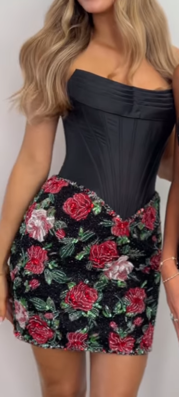 Strapless Corset Mini Dress with Beaded Floral Skirt