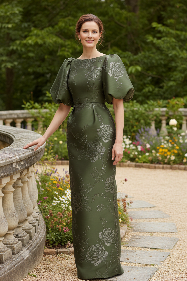 Floral Jacquard Column Gown with Puff Sleeves