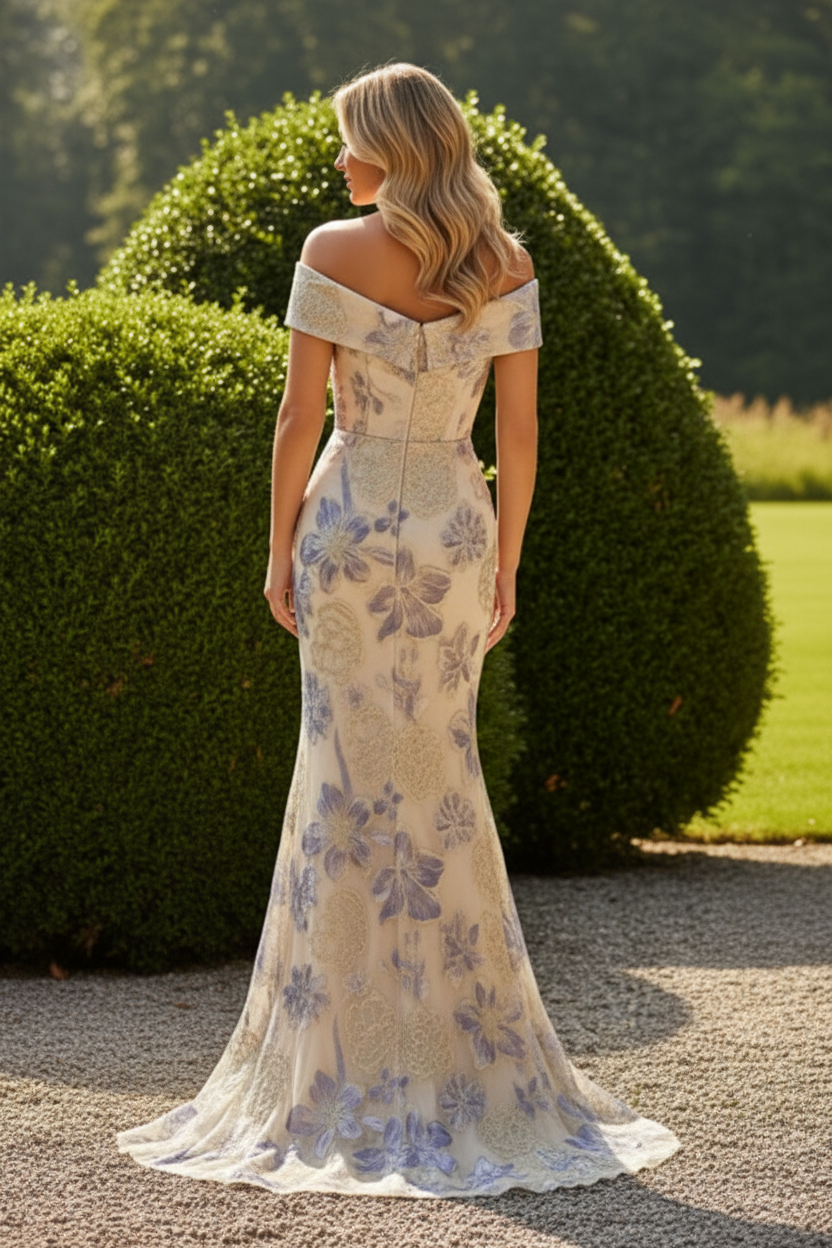 Off-Shoulder Jacquard Mermaid Evening Gown