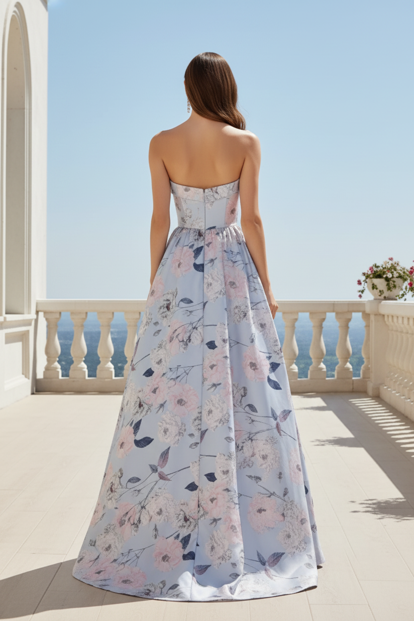 Strapless Floral Print Ball Gown Evening Dress