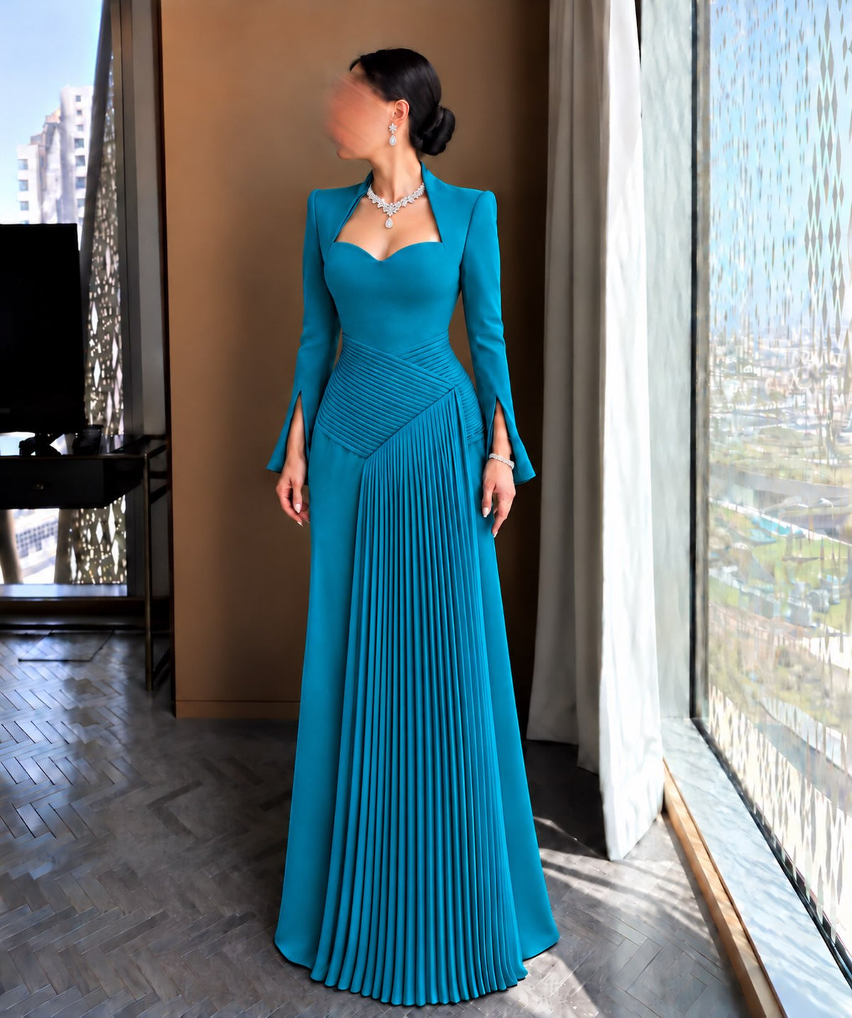 Pleated Asymmetrical Slit-Sleeve Evening Gown