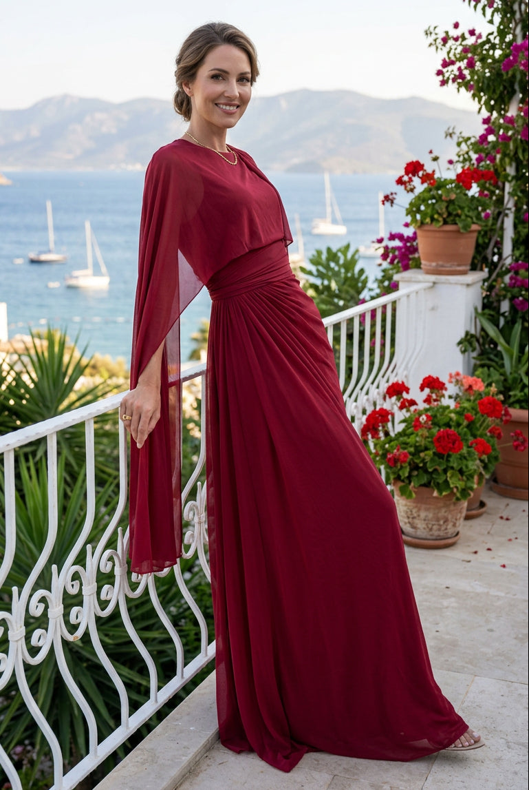 Draped Cape Sleeve Column Maxi Dress