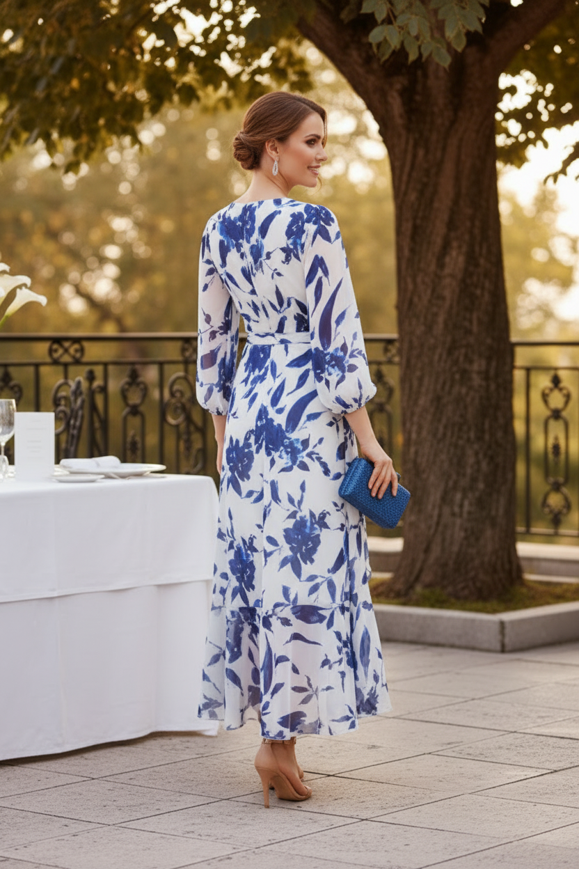 Floral Chiffon High-Low Long Sleeve Maxi Dress