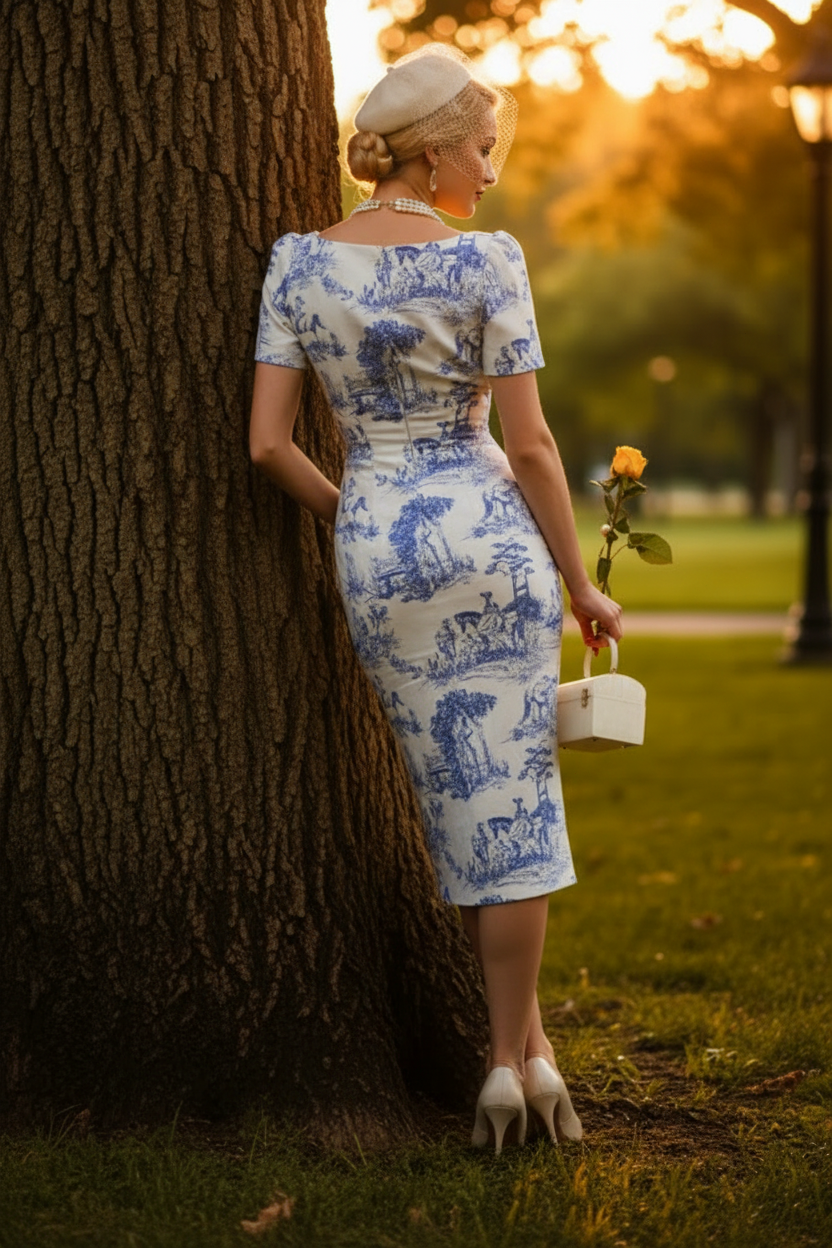 Toile Print Scoop Neck Midi Sheath Dress
