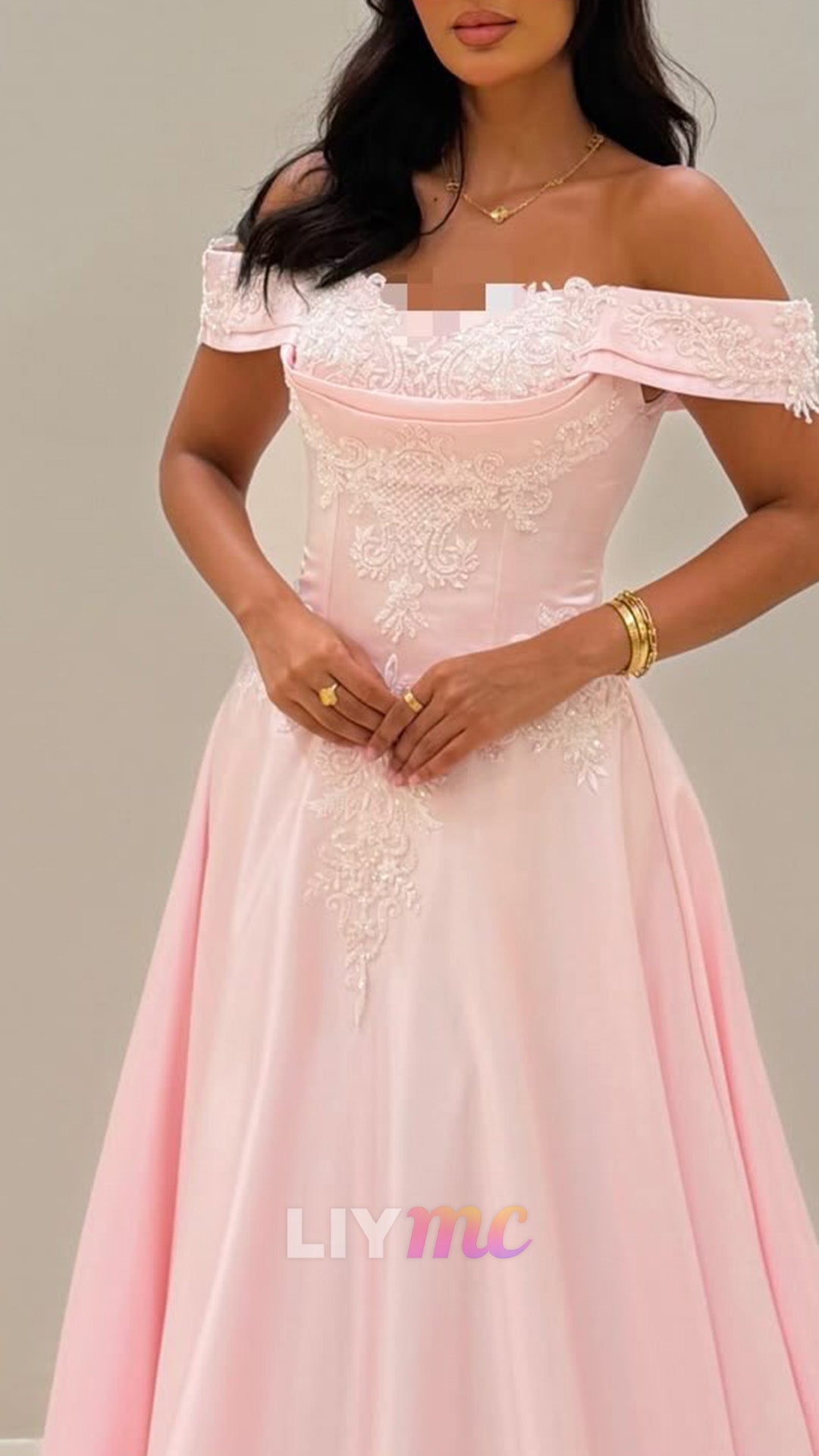 Off-the-Shoulder Lace Applique A-Line Gown