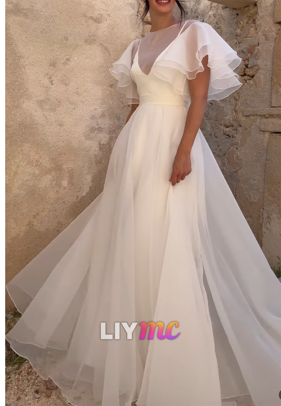 Flutter Sleeve A-Line Bridal Gown with Low V-Back