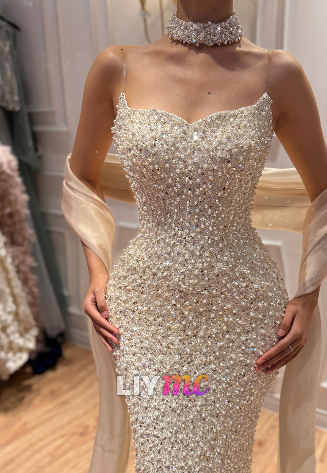 Pearl and Sequin Embellished Column Gown